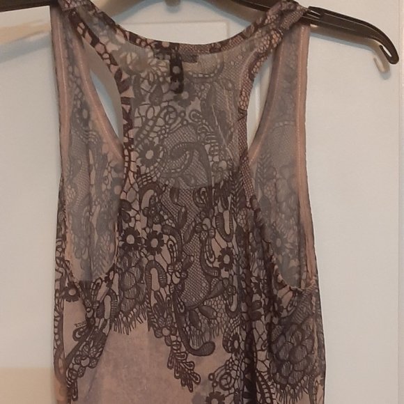 FANG Sheer Mauve & Black Tank Top Ruffle bottom, Sz L, Wonderful, sheer, flowing - Picture 3 of 5